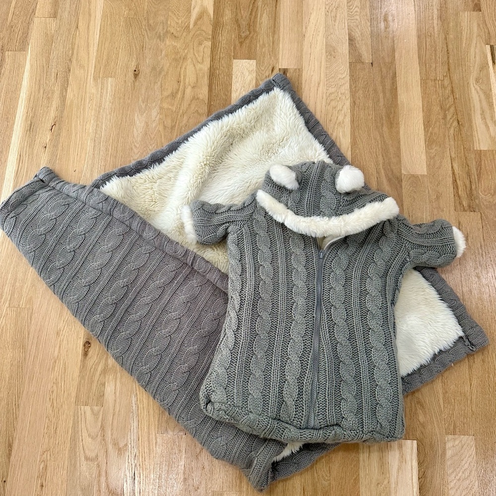 RH baby & child. Faux fur baby bunting and matching stroller blanket.